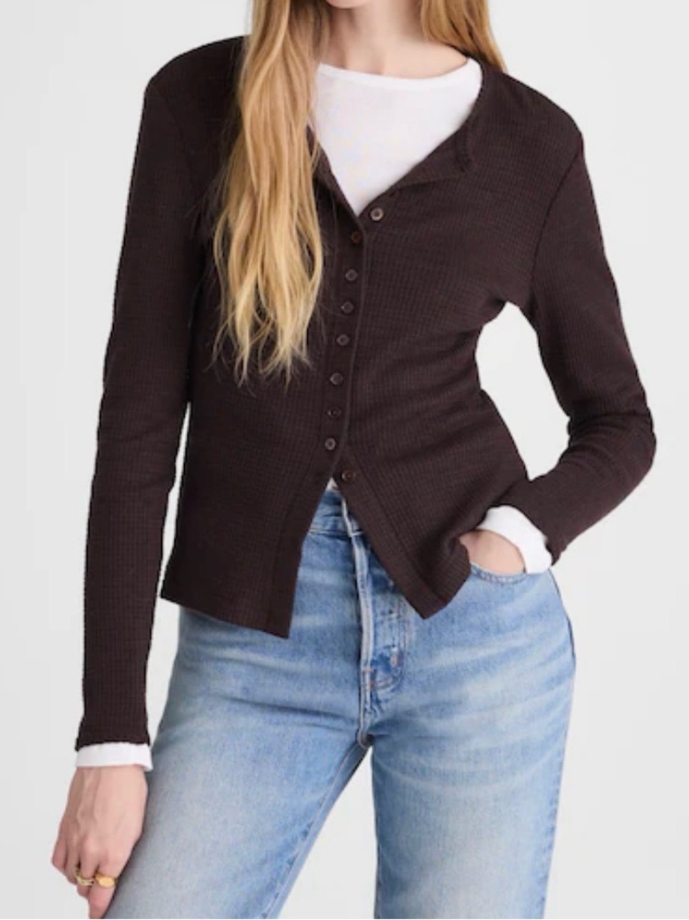 Madewell Waffle-Knit Cutaway Crewneck Button Cardigan